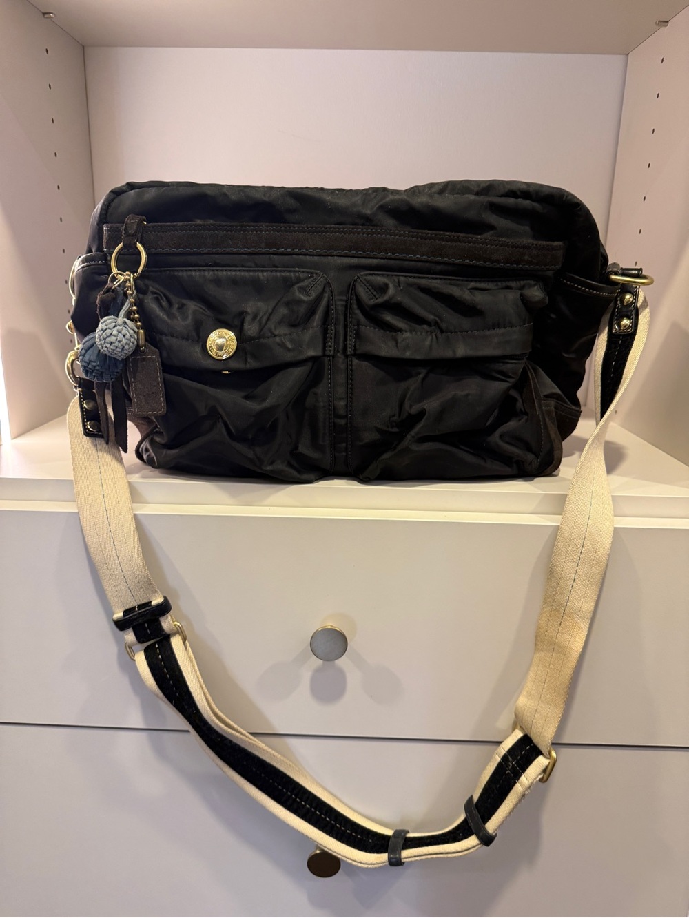 Coach Black Nylon Crossbody with Cream Contrast Strap and Gold Hardware